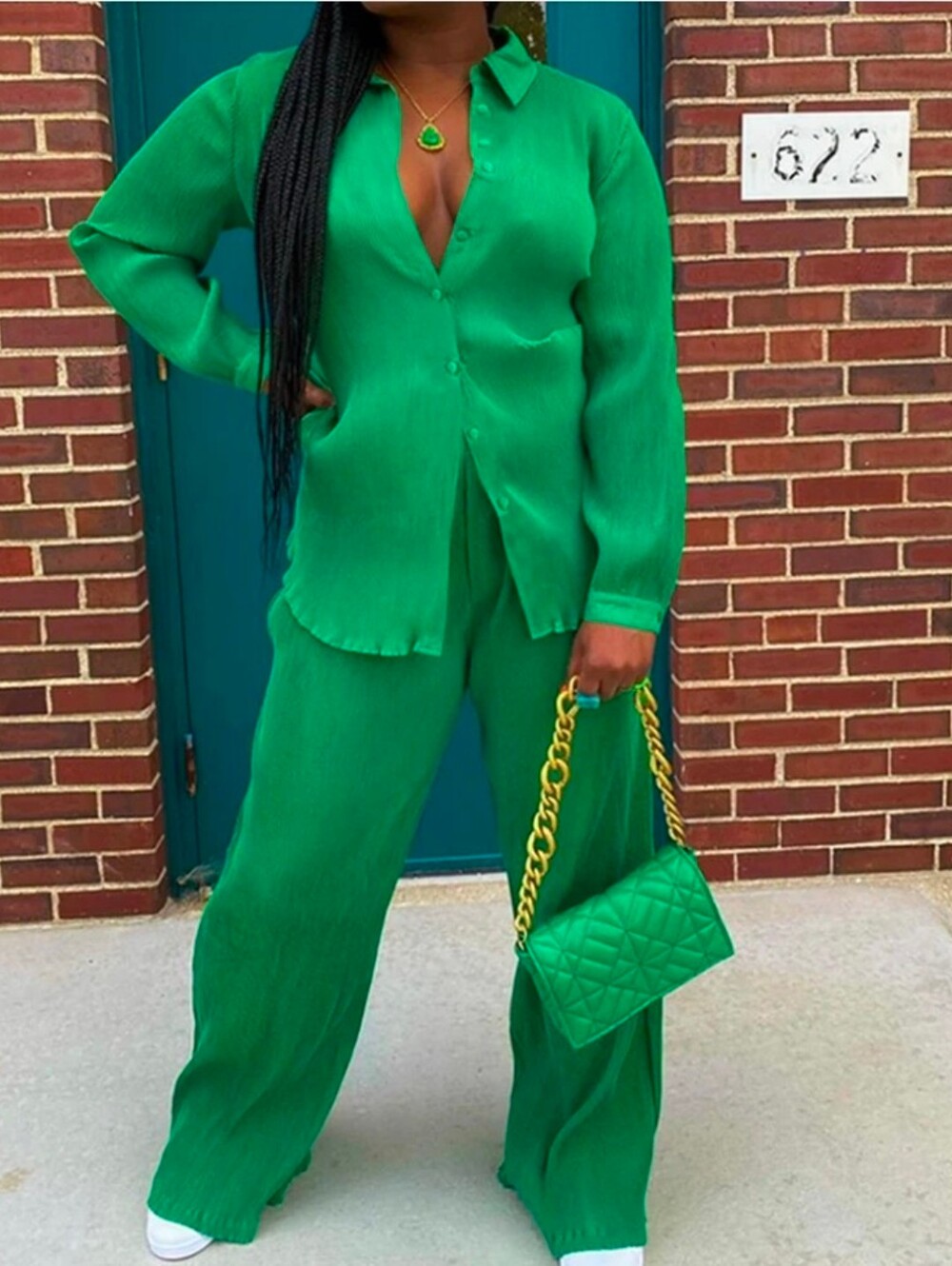 NWOT- Green Two-Piece Shirt & Wide-Leg Pant Set